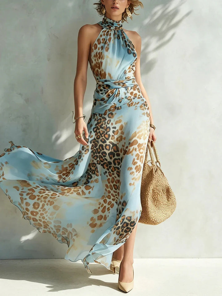 Eloria - Robe longue transparente à imprimé léopard et encolure américaine