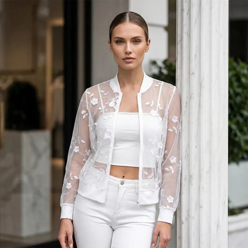 Aderisse - Cardigan zippé transparent à motif floral