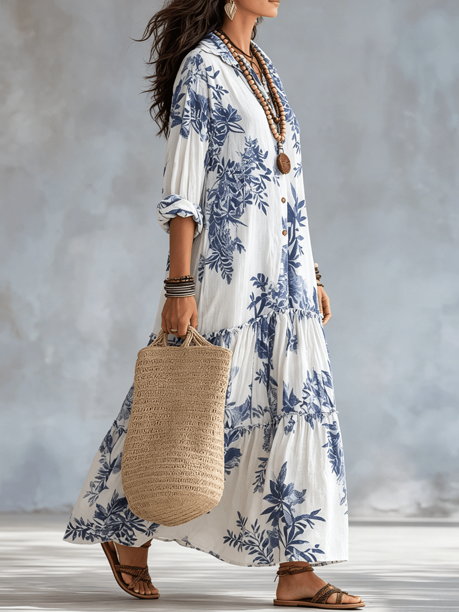 Thealise - Robe longue légère à fleurs boutonnée