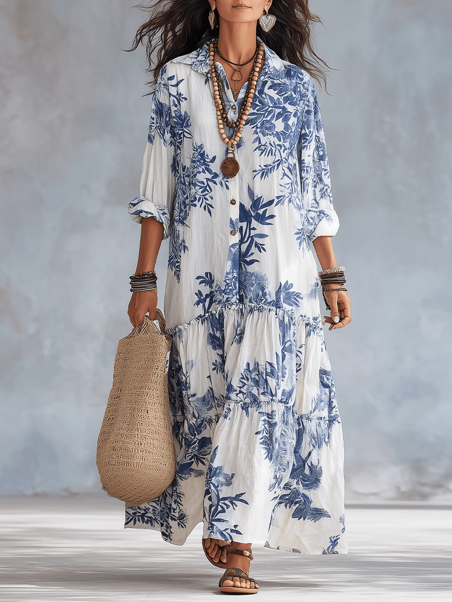Thealise - Robe longue légère à fleurs boutonnée