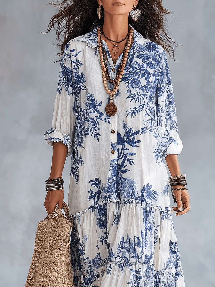 Thealise - Robe longue légère à fleurs boutonnée