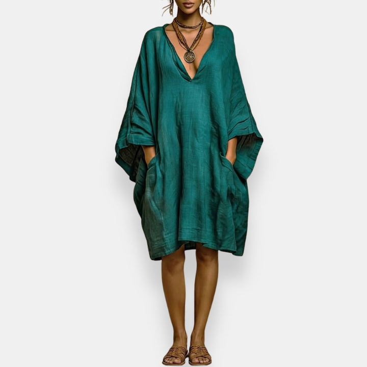 Cleo - Robe à manches chauve-souris, décolleté en V, coupe décontractée