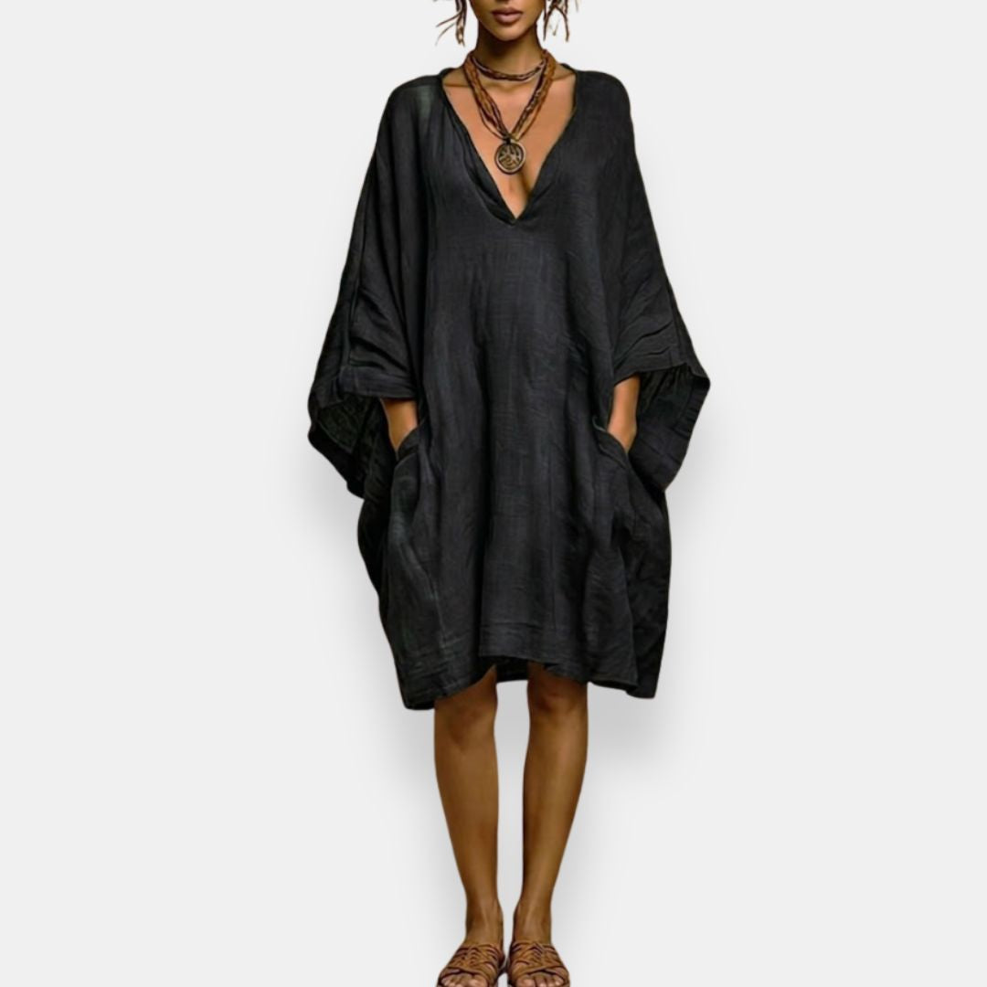 Cleo - Robe à manches chauve-souris, décolleté en V, coupe décontractée