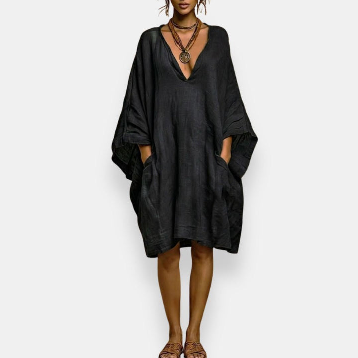 Cleo - Robe à manches chauve-souris, décolleté en V, coupe décontractée