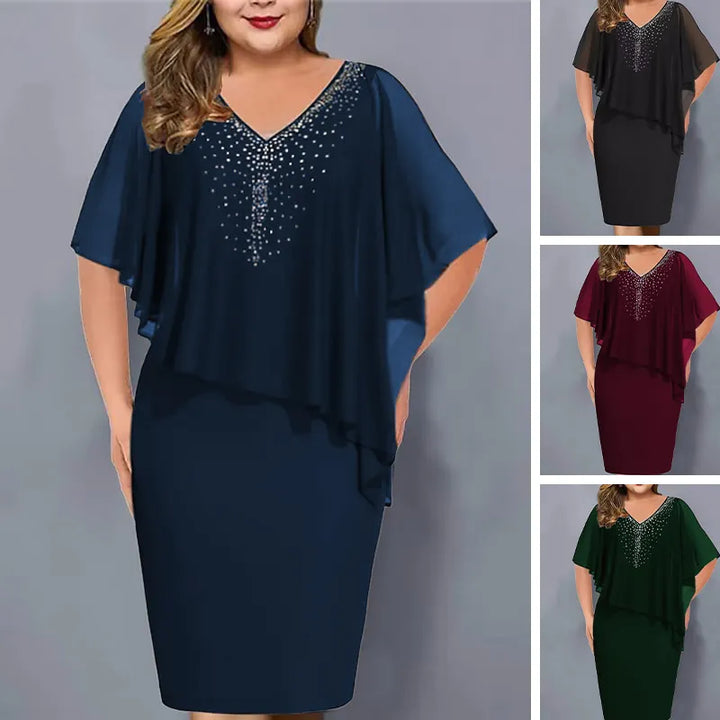 Lirienne - Robe midi à col V avec strass haut de gamme