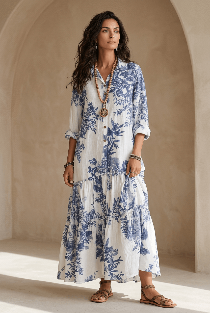 Thealise - Robe longue légère à fleurs boutonnée