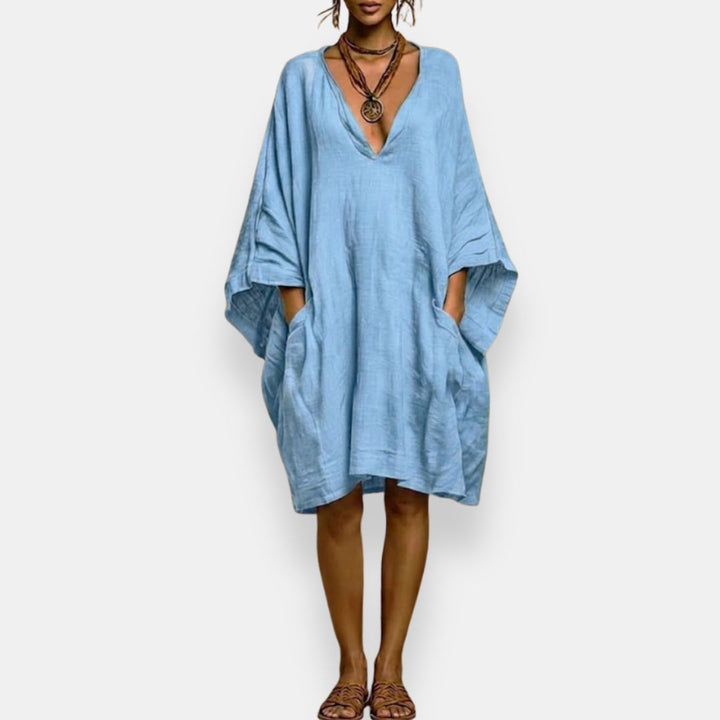 Cleo - Robe à manches chauve-souris, décolleté en V, coupe décontractée