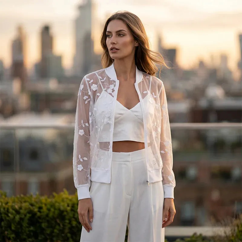 Aderisse - Cardigan zippé transparent à motif floral