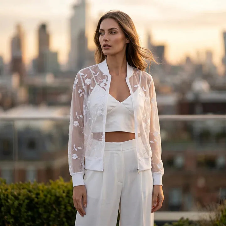 Aderisse - Cardigan zippé transparent à motif floral