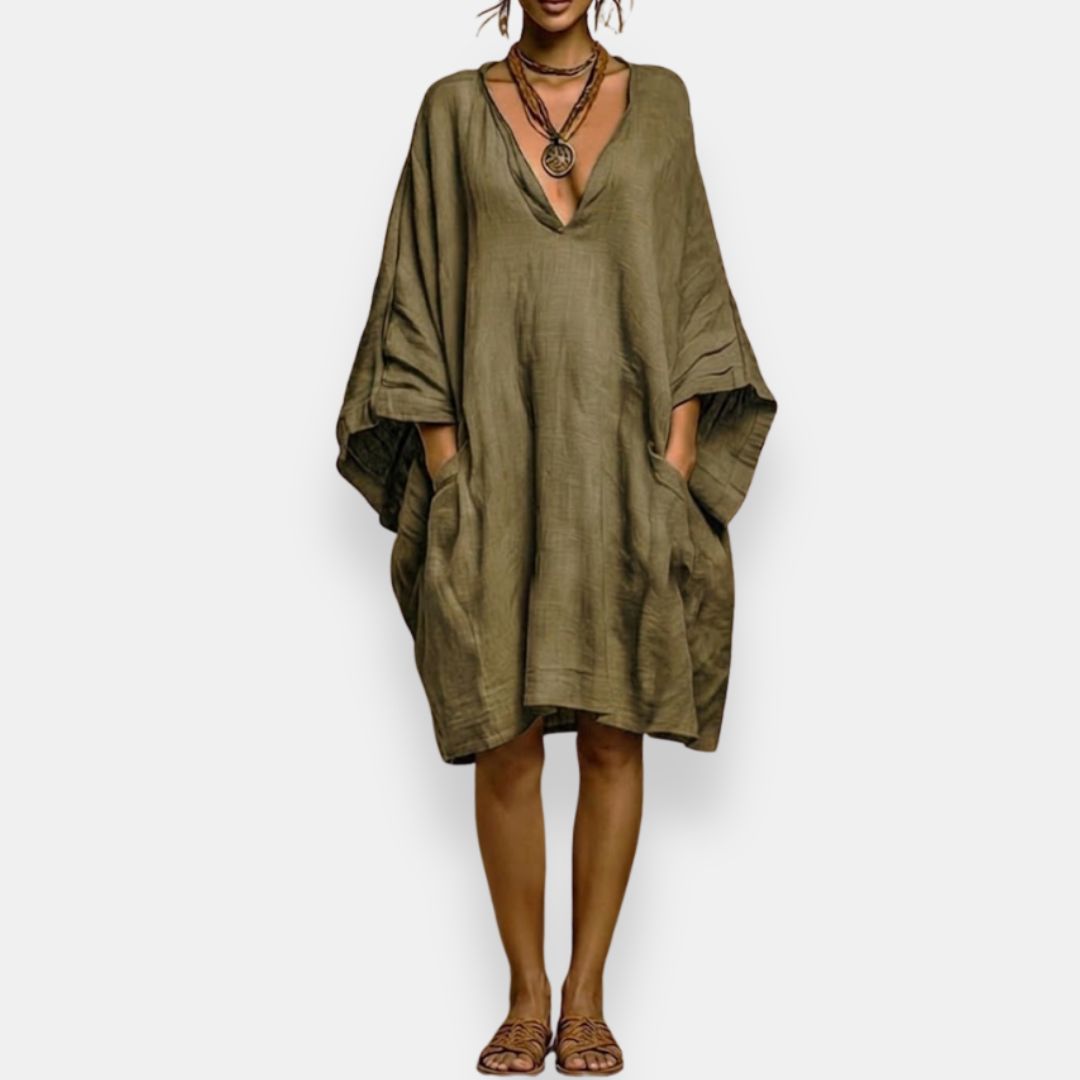 Cleo - Robe à manches chauve-souris, décolleté en V, coupe décontractée