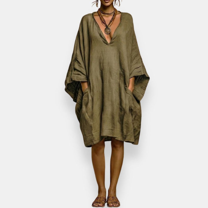 Cleo - Robe à manches chauve-souris, décolleté en V, coupe décontractée