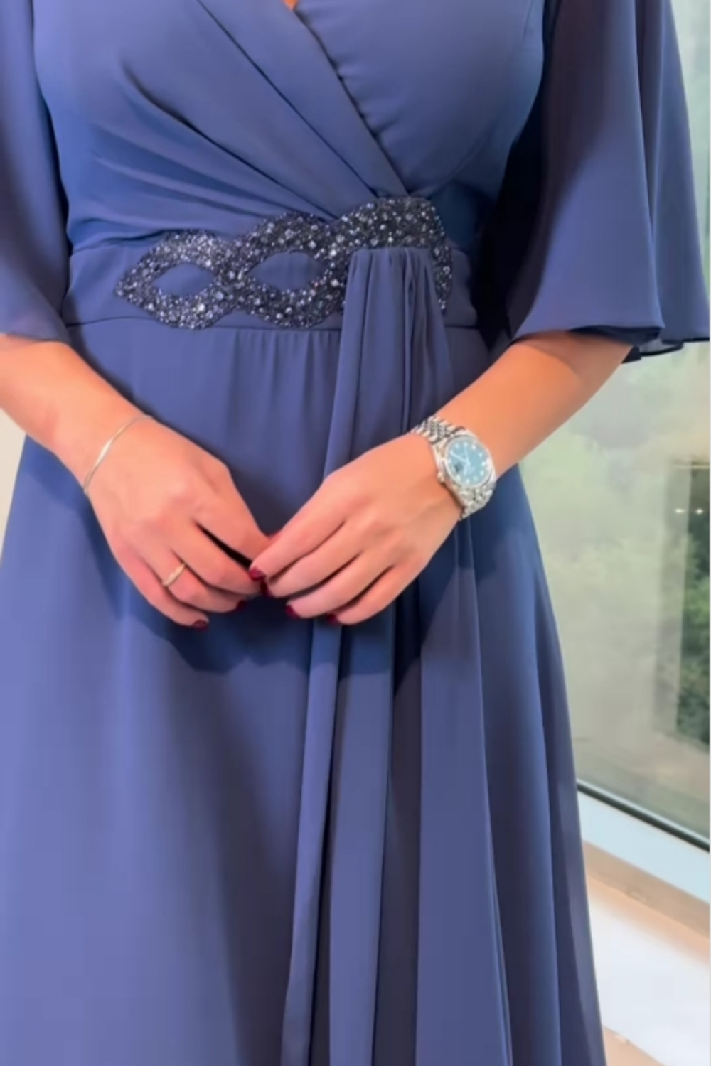 Celinette - Robe longue en mousseline, taille ornée de cristaux