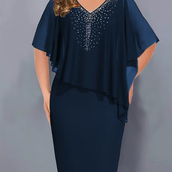 Lirienne - Robe midi à col V avec strass haut de gamme