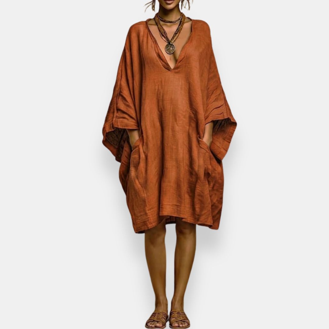 Cleo - Robe à manches chauve-souris, décolleté en V, coupe décontractée