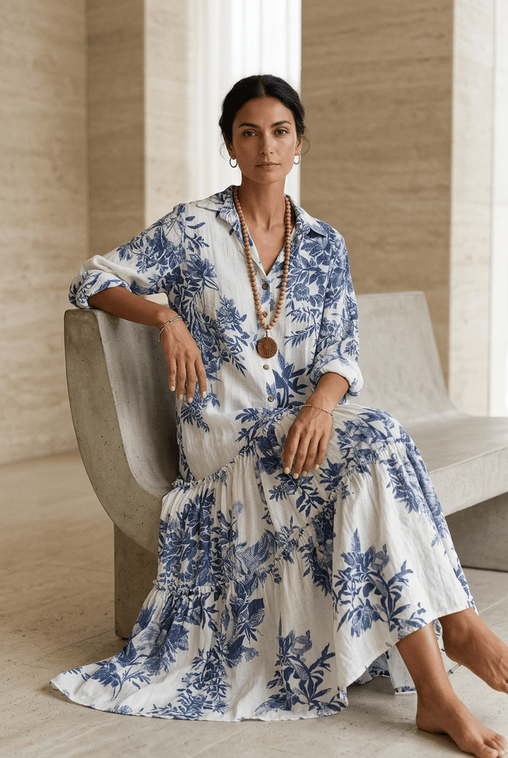 Thealise - Robe longue légère à fleurs boutonnée