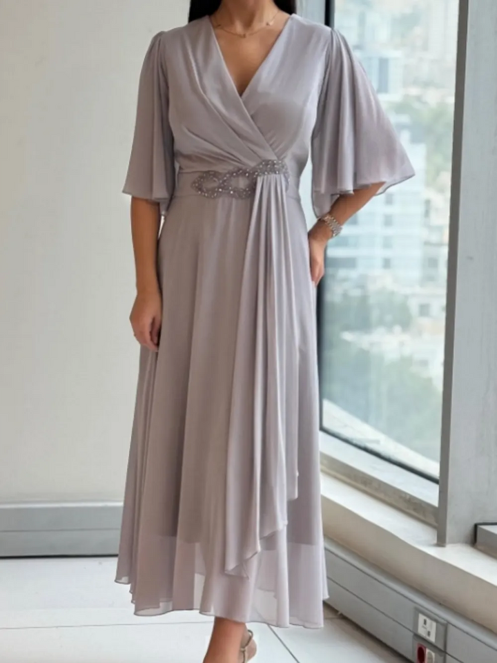 Celinette - Robe longue en mousseline, taille ornée de cristaux