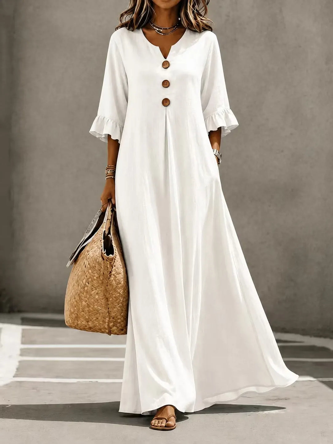 Vesperelle - Robe longue imprimée à col V au toucher doux
