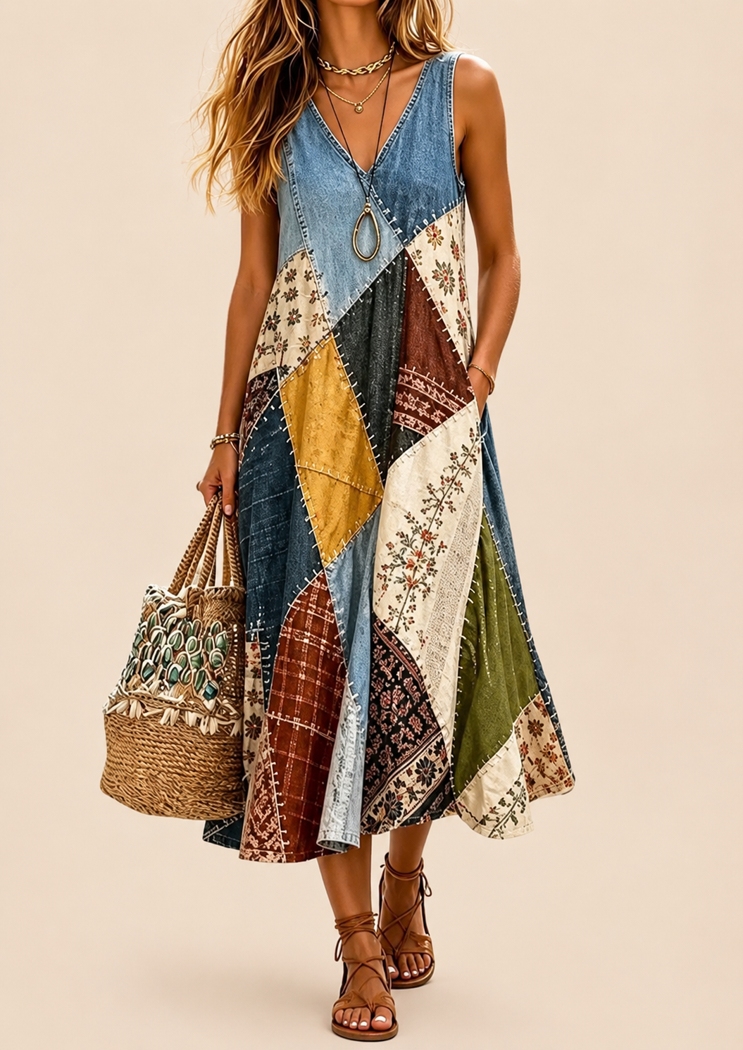 Arwyn - Robe bohème patchwork fluide