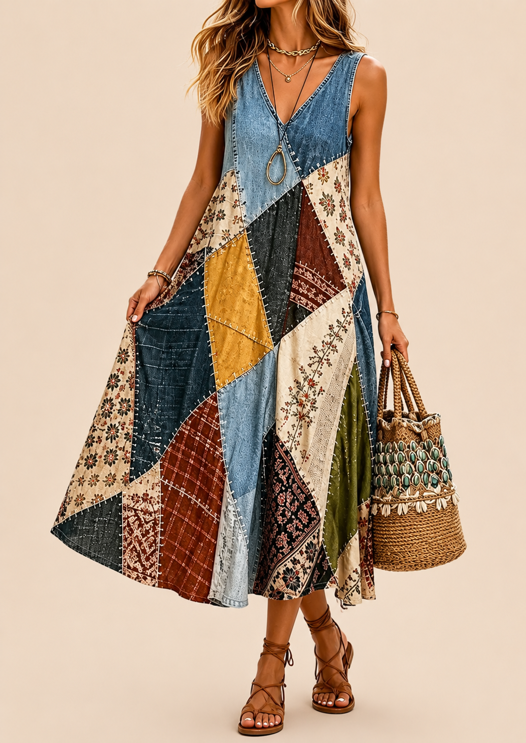 Arwyn - Robe bohème patchwork fluide