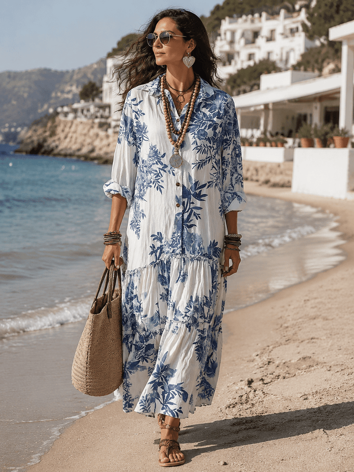 Thealise - Robe longue légère à fleurs boutonnée