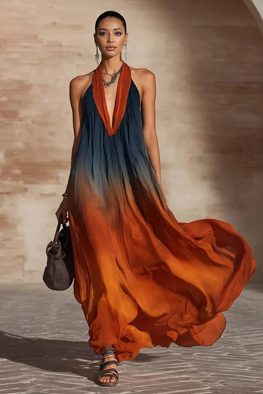 Calissa - Robe longue à encolure américaine en tissu doux