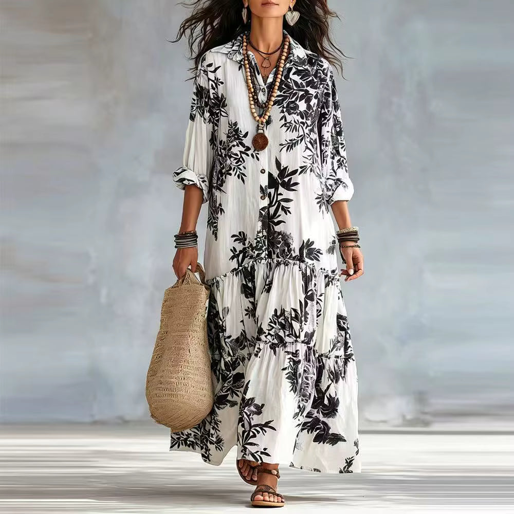 Thealise - Robe longue légère à fleurs boutonnée