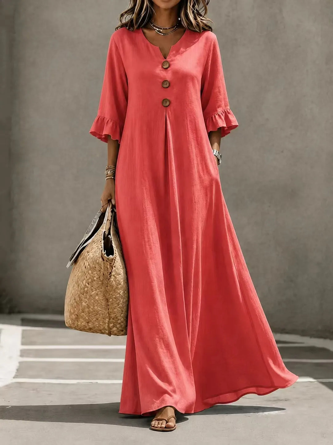 Vesperelle - Robe longue imprimée à col V au toucher doux