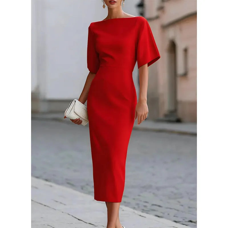 Leonelle - Robe midi élégante à col bateau