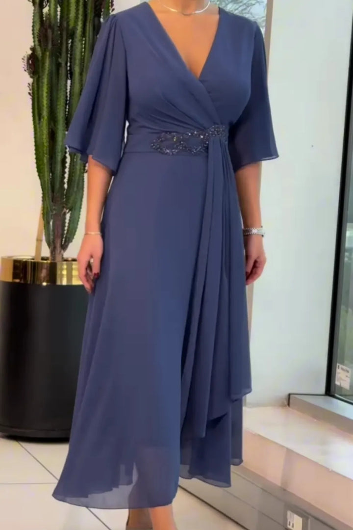 Celinette - Robe longue en mousseline, taille ornée de cristaux