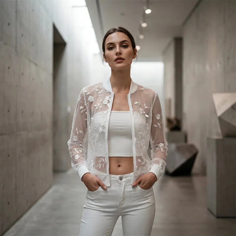 Aderisse - Cardigan zippé transparent à motif floral