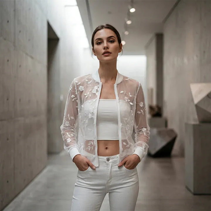 Aderisse - Cardigan zippé transparent à motif floral