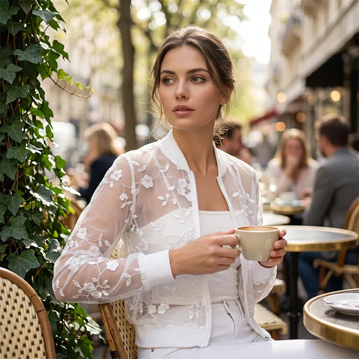 Aderisse - Cardigan zippé transparent à motif floral