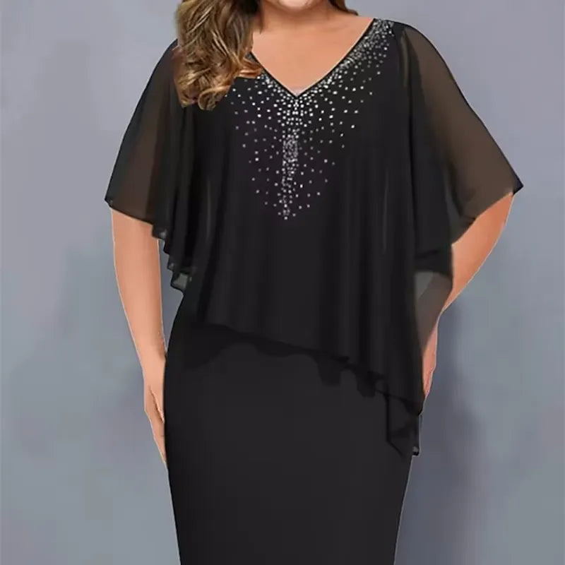 Lirienne - Robe midi à col V avec strass haut de gamme