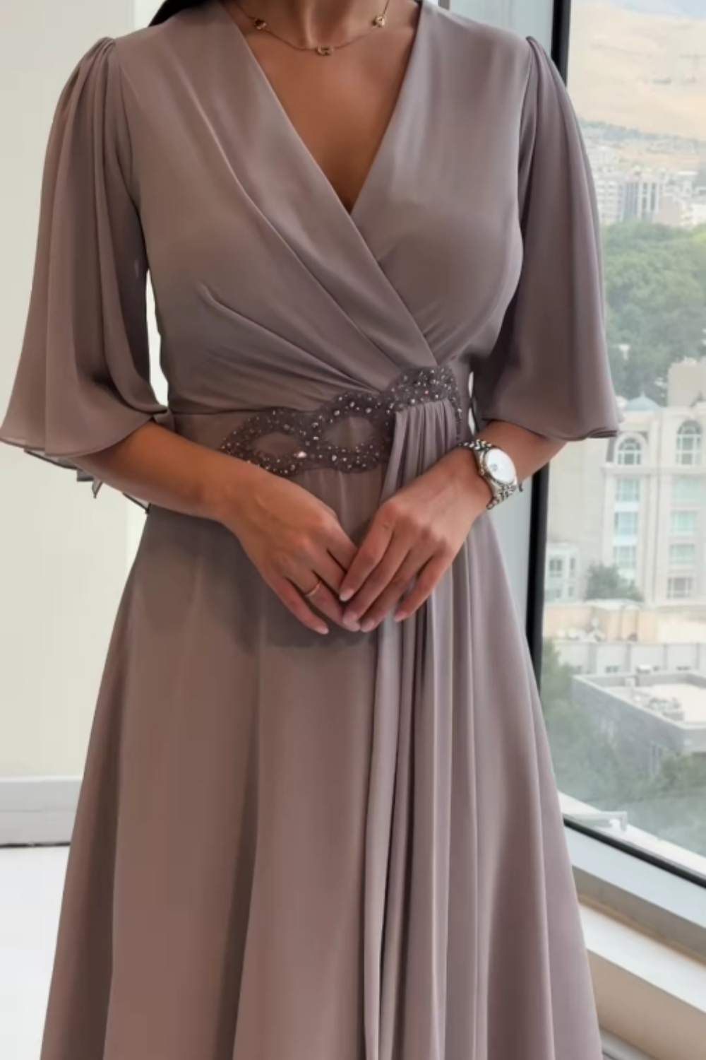 Celinette - Robe longue en mousseline, taille ornée de cristaux