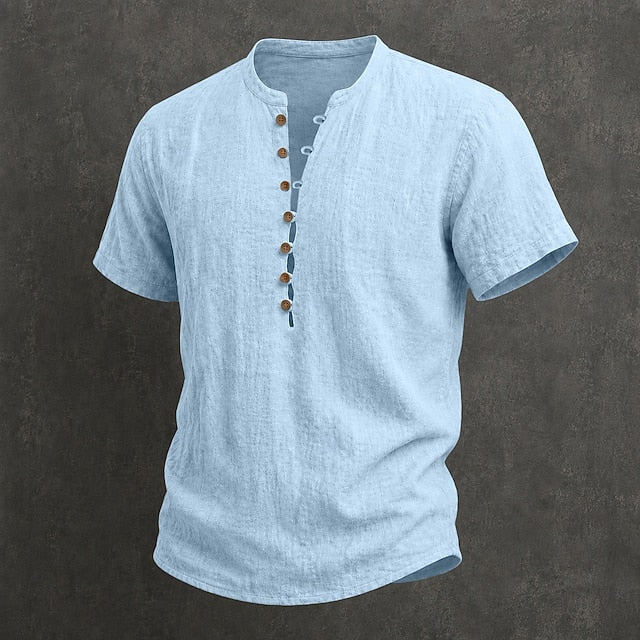 Fulton - Chemise en lin haut de gamme à manches courtes et col montant