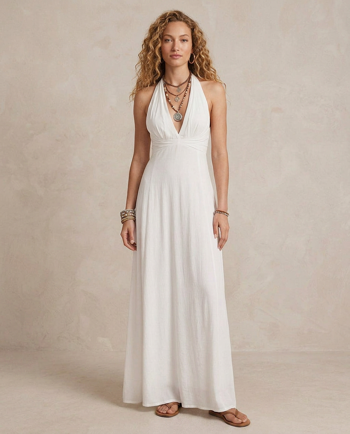 Emelia - Robe longue à col américain en tissu doux