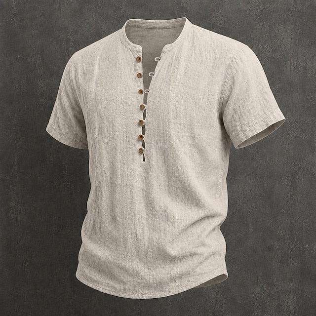 Fulton - Chemise en lin haut de gamme à manches courtes et col montant