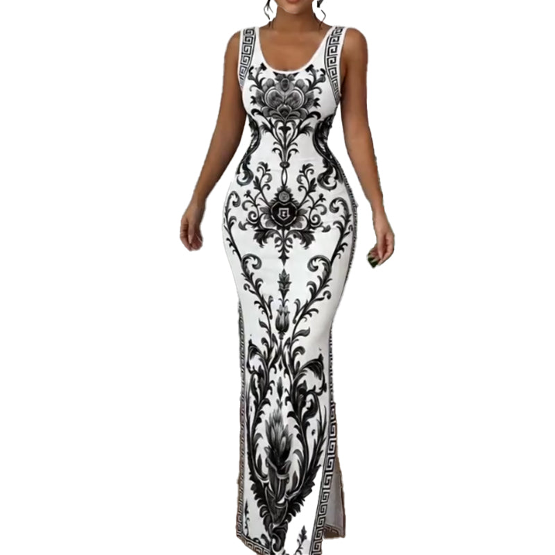 Marcella - Robe longue à imprimé porcelaine avec fente latérale