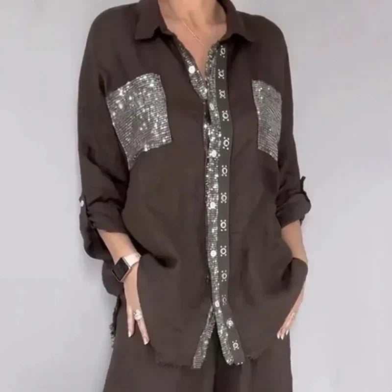 Oriavelle - Ensemble chemisier et pantalon à paillettes de luxe