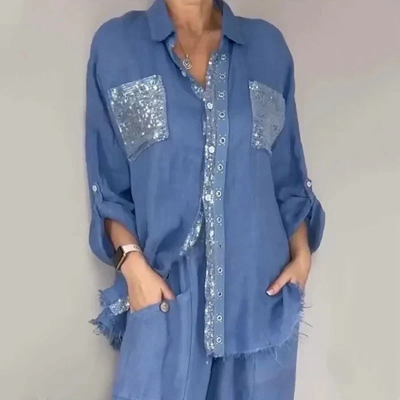 Oriavelle - Ensemble chemisier et pantalon à paillettes de luxe