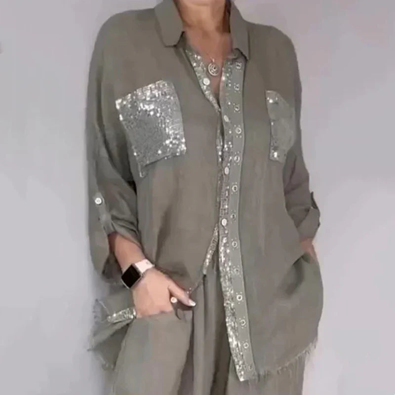 Oriavelle - Ensemble chemisier et pantalon à paillettes de luxe